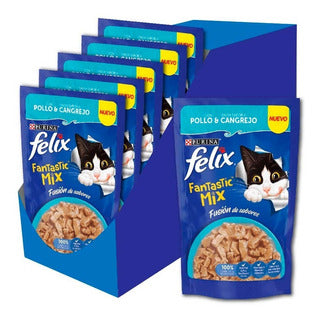Bolsa de alimento húmedo Felix Fantastic Mix, sabor pollo y cangrejo, 12 sobres