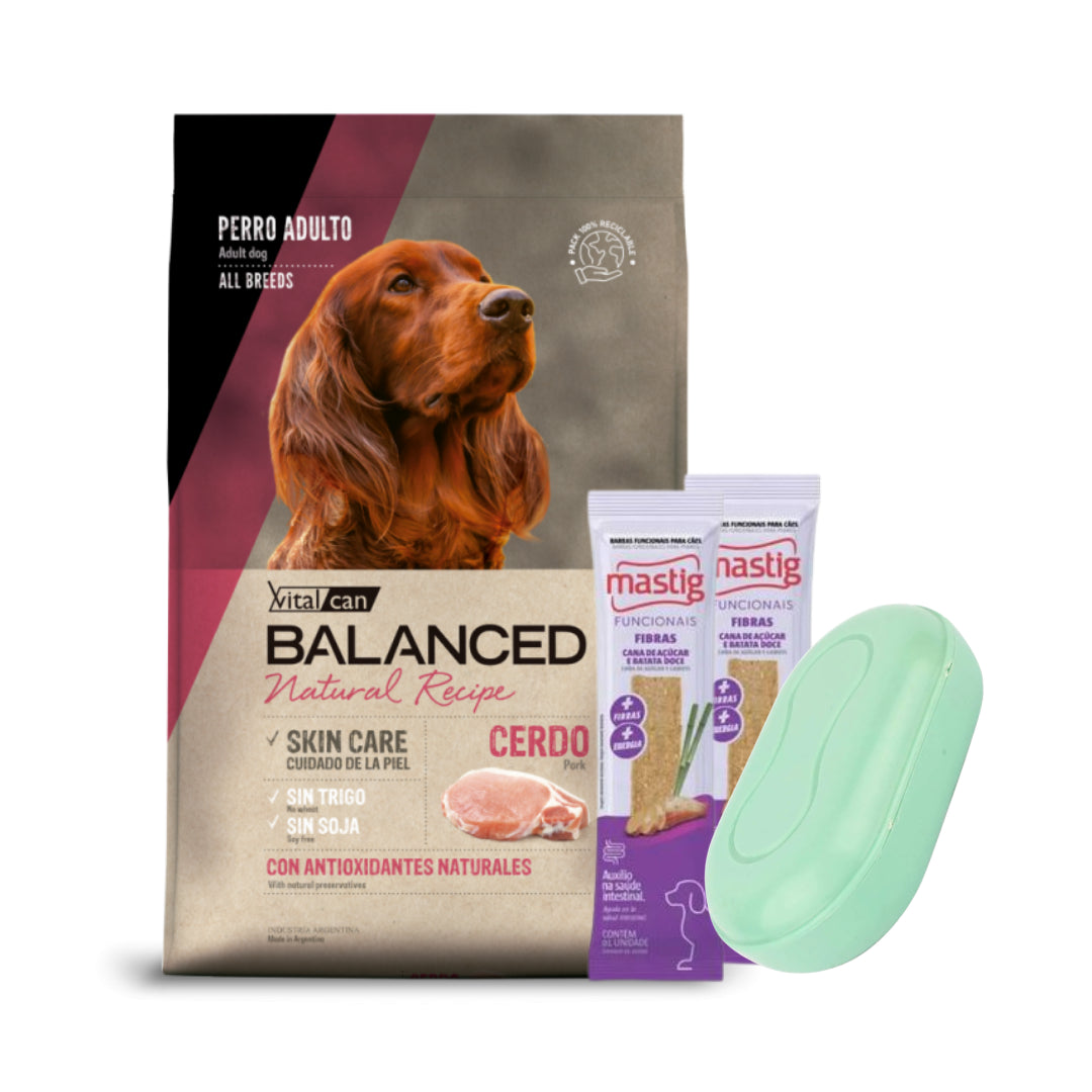 Balanced Natural Recipe Perro Cerdo 15 kg + 2 Barra Mastig+ Jabonera