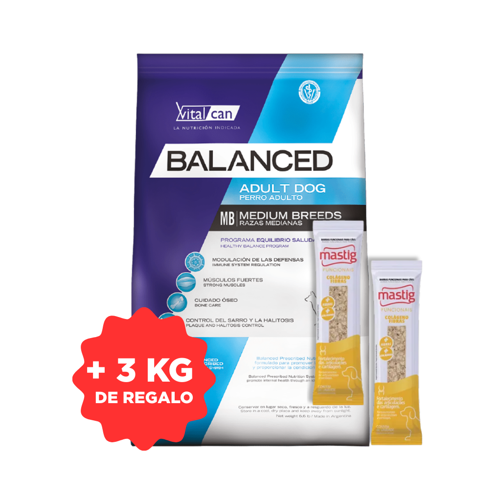 Balanced Perro Adulto Raza Mediana 20 kg + 3 kg + 2 Mastig Barra Funcional
