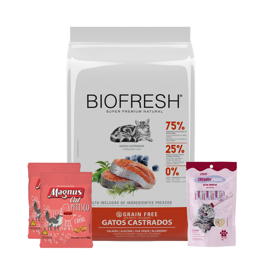 Biofresh Gatos Castrados Salmon Romero y Te Verde 7,5 kg + 2 Snacks Magnus + Creamy Snack