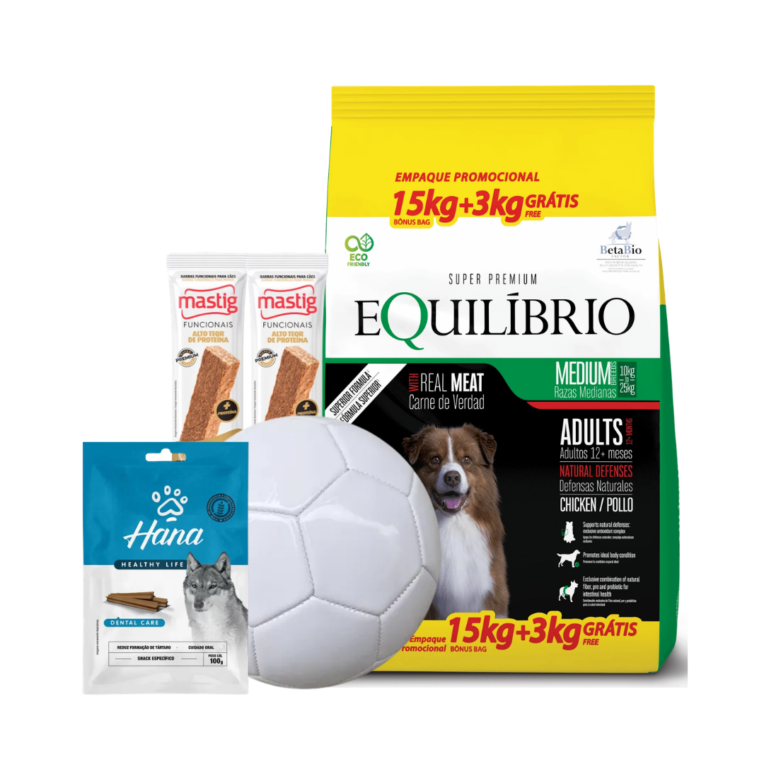 Equilibrio Dog Medium Adult Chicken 15 + 3 Kg + 2 Barras Mastig + Pelota Naturalis + Hana Calming