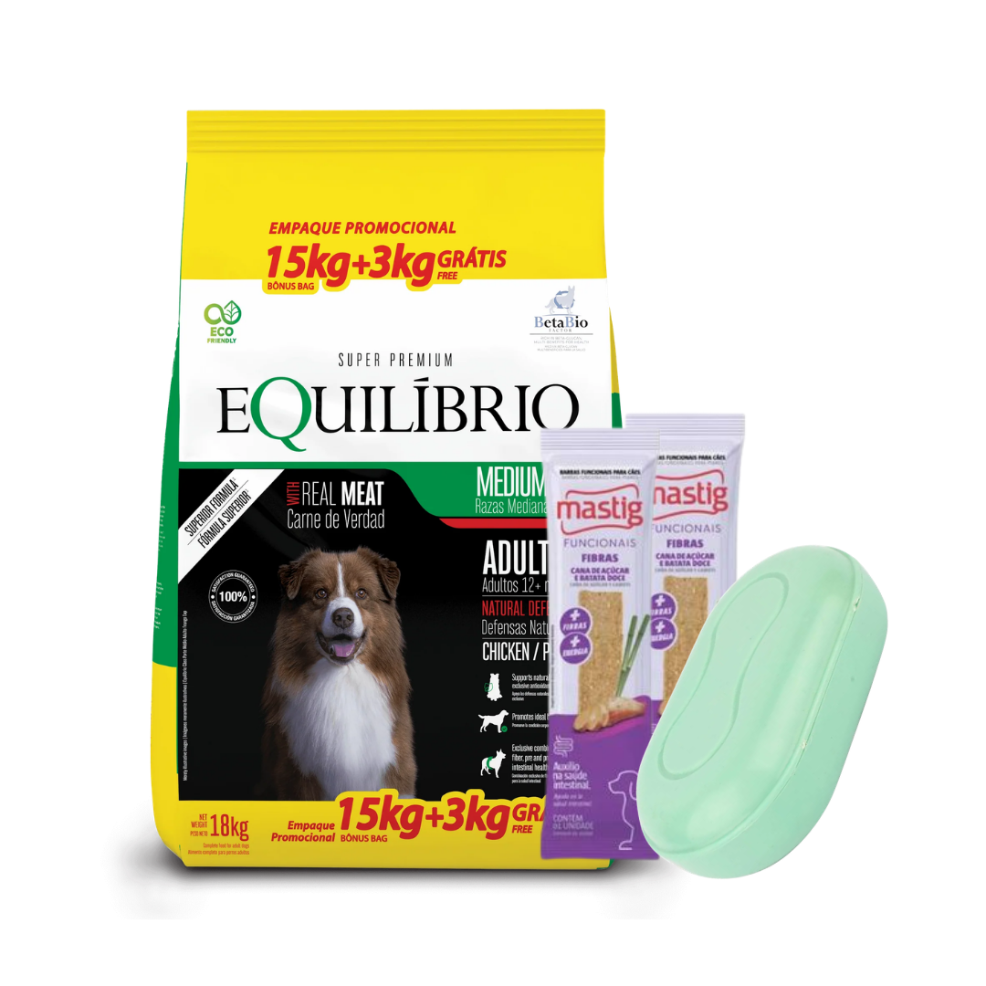 Equilibrio Perro Adulto Todas las Razas 15 + 3 kg + 2 Barras Mastig + Jabonera