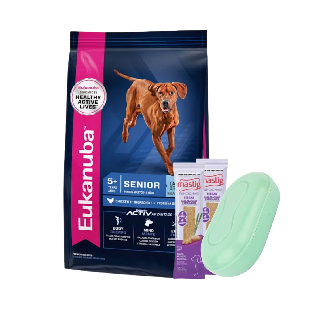 EukanubaPerro Senior Raza Grande 15 kg + 2 Barras Mastig + Jabonera