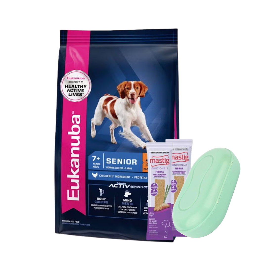 Eukanuba Perro Senior Raza Mediana 15 kg + 2 Barras Mastig + Jabonera