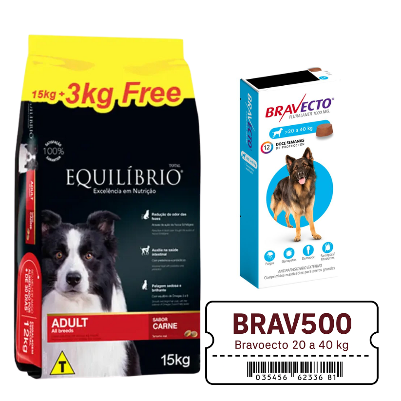 Equilibrio Perro Adulto Razas Medianas Carne 15 + 3 kg + Cupón Bravecto 20 a 40 kg de REGALO
