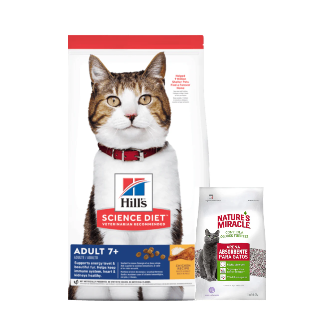 Bolsa de alimento Hills SD para gato adulto +7, 3,2 kg + arena sanitaria de regalo