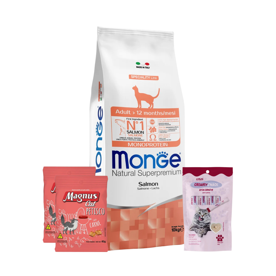 Monge Gato Adulto Sabor Salmon 10 kg + 2 Snacks Magnus + Creamy Snack
