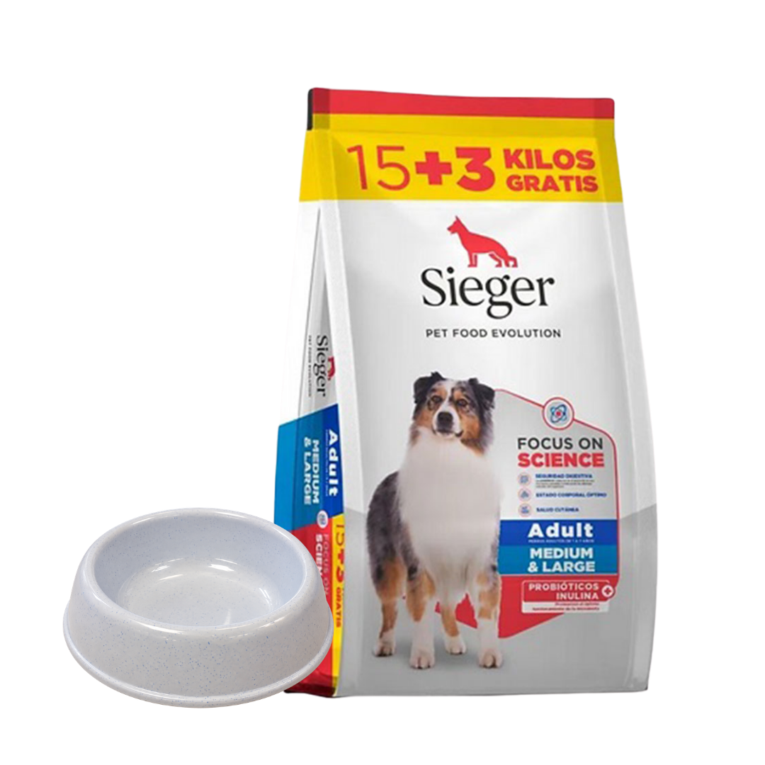 Sieger Perro Adulto Mediano Grande 15 kg + 3 kg + Comedero de REGALO