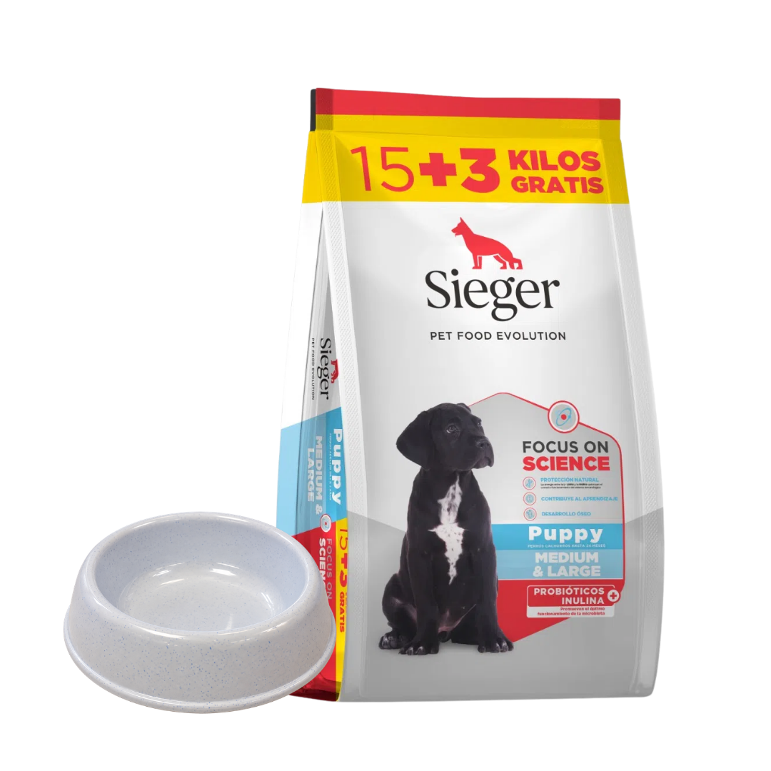 Sieger Perro Cachorro Mediano Grande 15 kg + 3 kg + Comedero De Regalo
