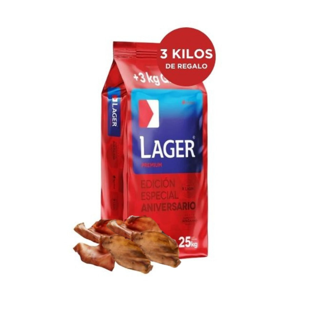 Bolsa de alimento Lager Adulto 22 kg + 3 kg extra y 3 orejas de cerdo de regalo – Veterinaria Alem Uruguay