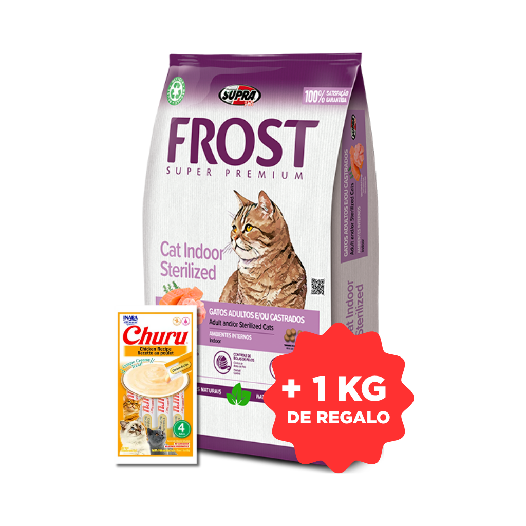 Bolsa de alimento Frost para gato castrado Indoor, 7,5 kg + 1 kg + 1 paquete de churu de regalo