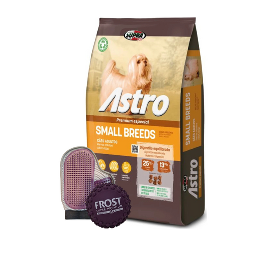 Bolsa de alimento Astro para perro adulto raza pequeña 14 kg + guante deslanador y pelota de goma
