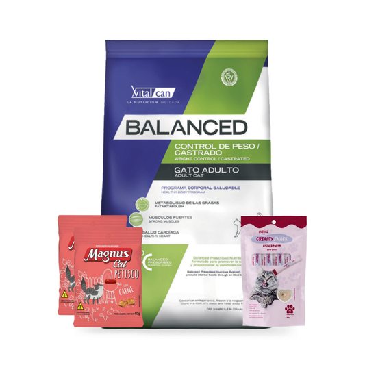 Balanced Gato Adulto Castrado 7,5 kg + 2 Snacks Magnus + Creamy Snacks