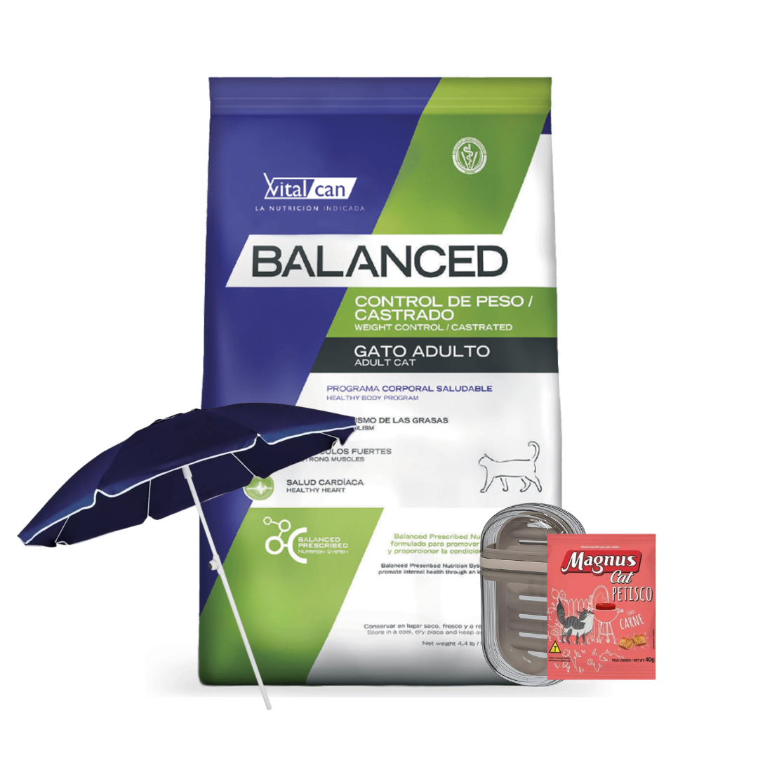 Balanced Gatos Control de Peso y Esterilizados Todas las Edades 7.5 kg + Magnus Gato + Jabonera + Sombrilla
