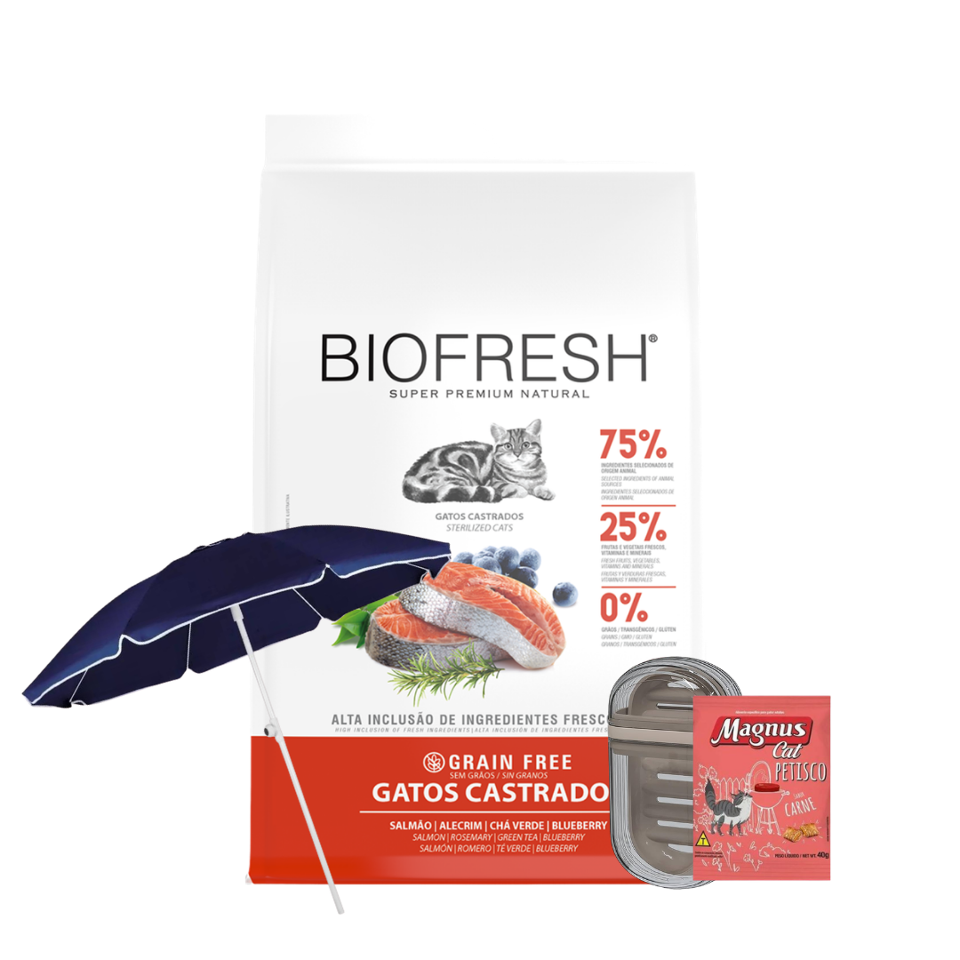 Biofresh Gatos Esterilizados Salmón y Hierbas 7.5 kg + Magnus + Jabonera + Sombrilla