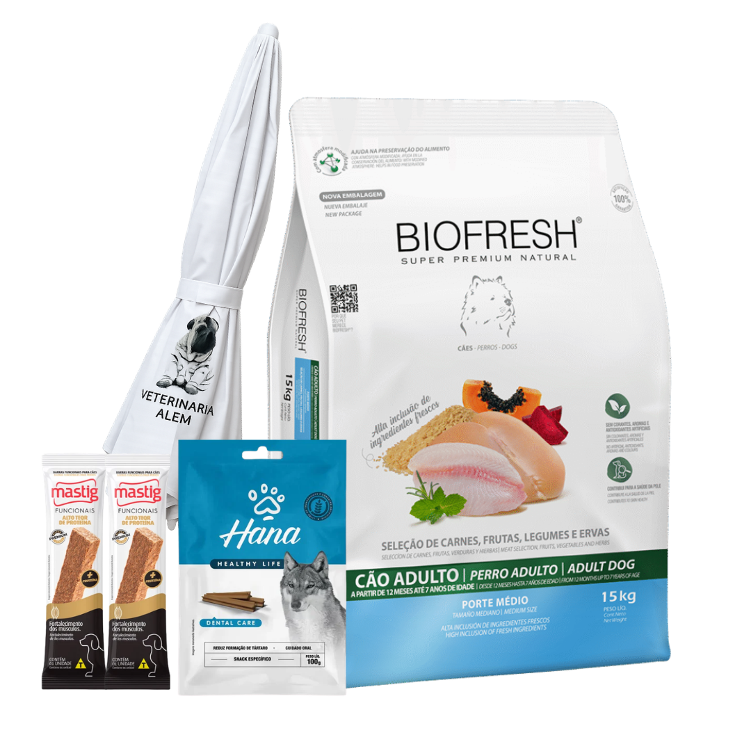 Biofresh Perros Adultos Razas Medias 15 Kg + 2 Barras Mastig + Hana Dental Care + Sombrilla