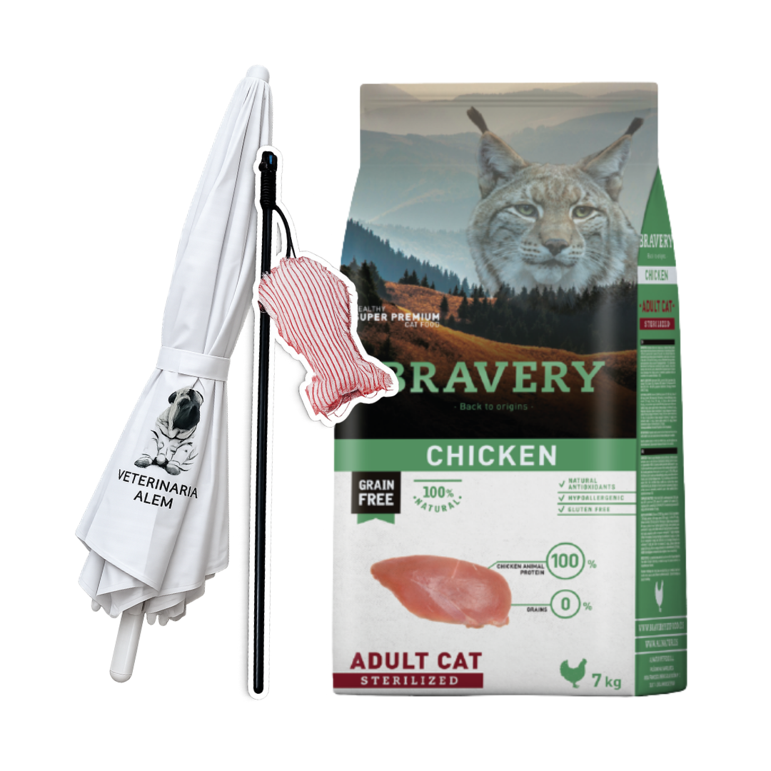Bravery Chicken Adult Cat 7 kg + Varita para Gatos + Sombrilla