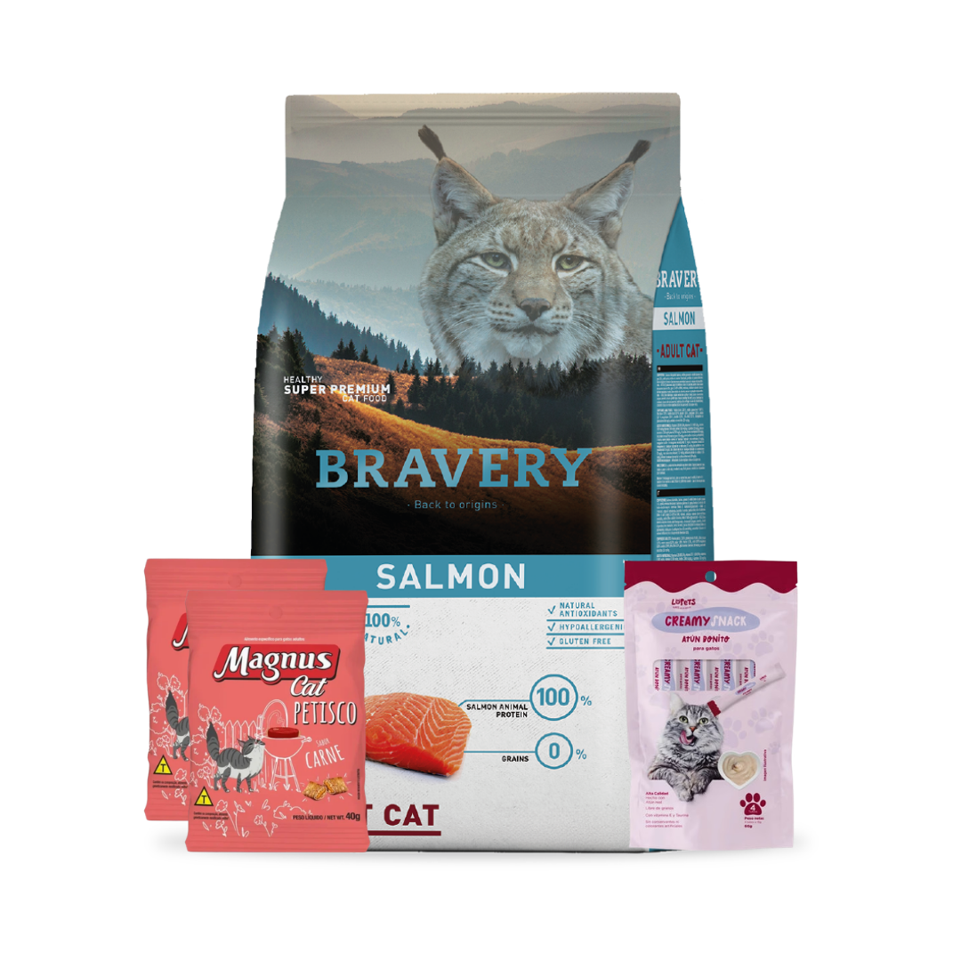 Bravery Gato Adulto Salmon 7 kg + 2 Snacks Magnus + Creamy Snack