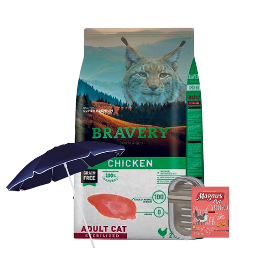 Bravery Gatos Esterilizados Pollo 7 kg + Magnus Cat + Jabonera + Sombrilla