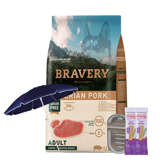 Bravery Perros Adultos Cerdo Ibérico Razas Medianas y Grandes 12 kg + 2 Mastig + Jabonera + Sombrilla