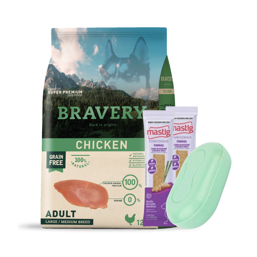 Bravery Perro Adulto Pollo Raza Mediana y Grande 12 kg + 2 Barras Mastig + Jabonera