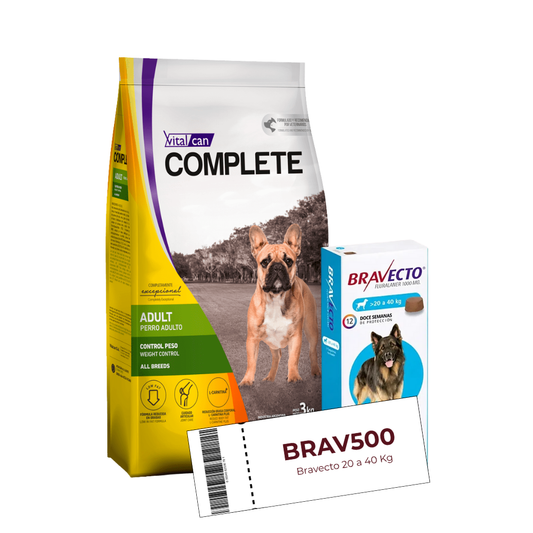 Complete Perro Adulto Control Peso 20 kg + Cupón Bravecto 20 a 40 kg de REGALO