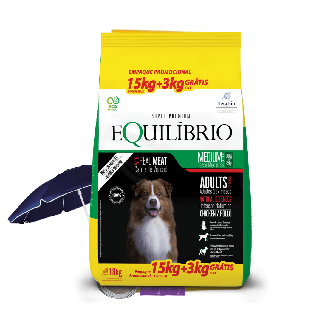 Equilibrio Perros Medianos Adultos Pollo Pack 15+3 kg + 2 Mastig + Jabonera + 1 Sombrilla