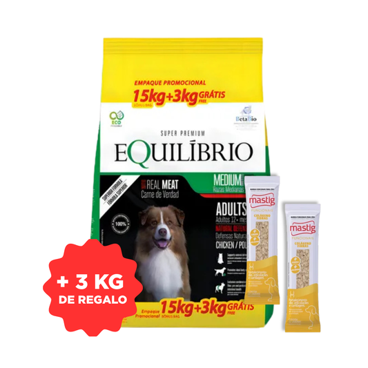 Equilibrio Perro Adulto Razas Medianas 15 kg + 3 kg + 2 Barras Mastig