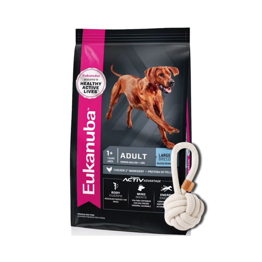 Bolsa de alimento Eukanuba para perro adulto de raza grande, 15 kg + pelota de soga de regalo