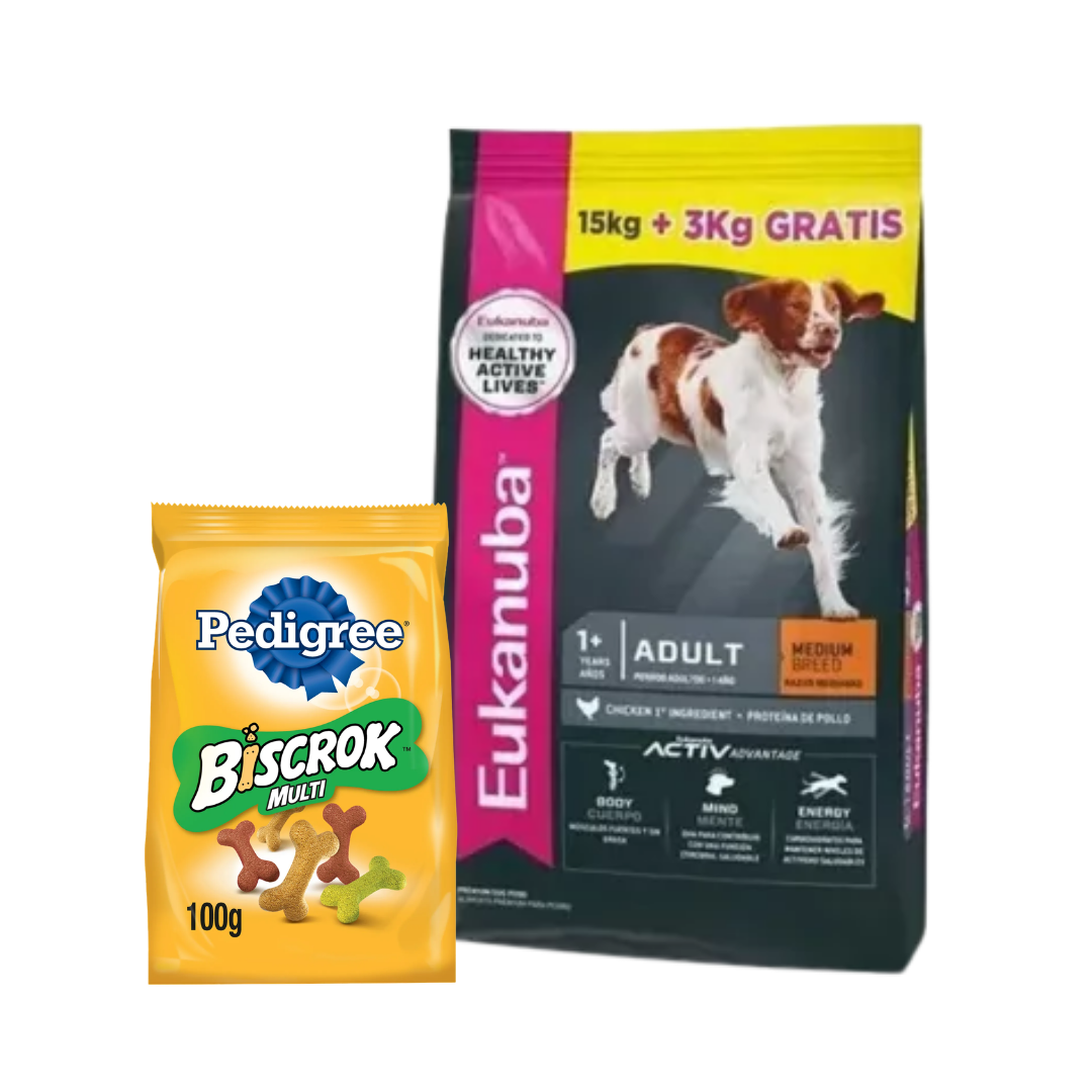 Eukanuba Perro Adulto Raza Mediana 15 kg + 3 kg + Biscrock 100 g de REGALO