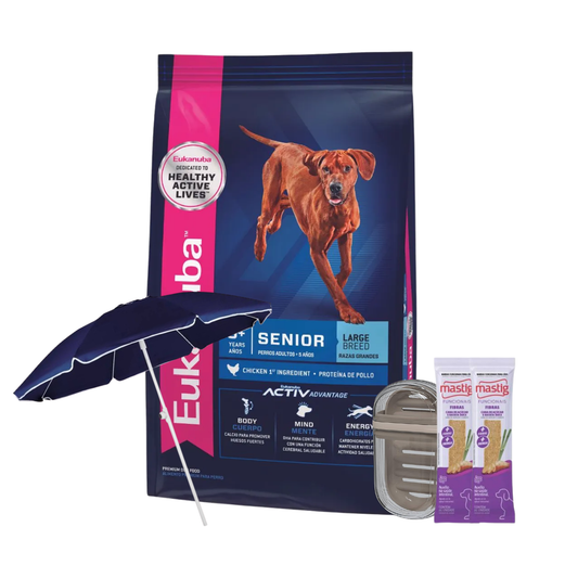 Eukanuba Perros Senior Razas Grandes 15 kg + 2 Mastig + Jabonera + Sombrilla