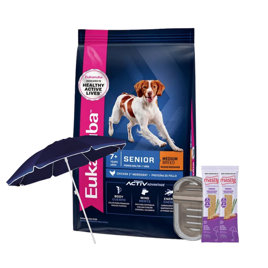 Eukanuba Perros Senior Razas Medianas 15 kg + 2 Mastig + Jabonera + Sombrilla