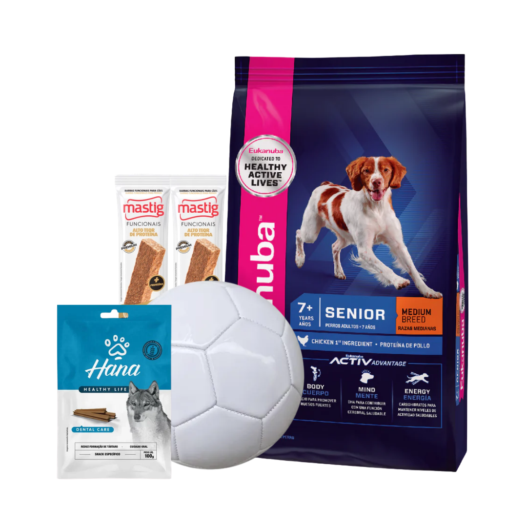 Eukanuba Senior Medium B 15 Kg + 2 Barras Mastig + Pelota + Hana Calming