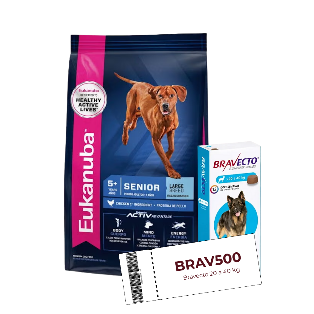 Eukanuba Perro Senior Razas Grandes 15 kg + Cupón Bravecto 20 a 40 kg de REGALO