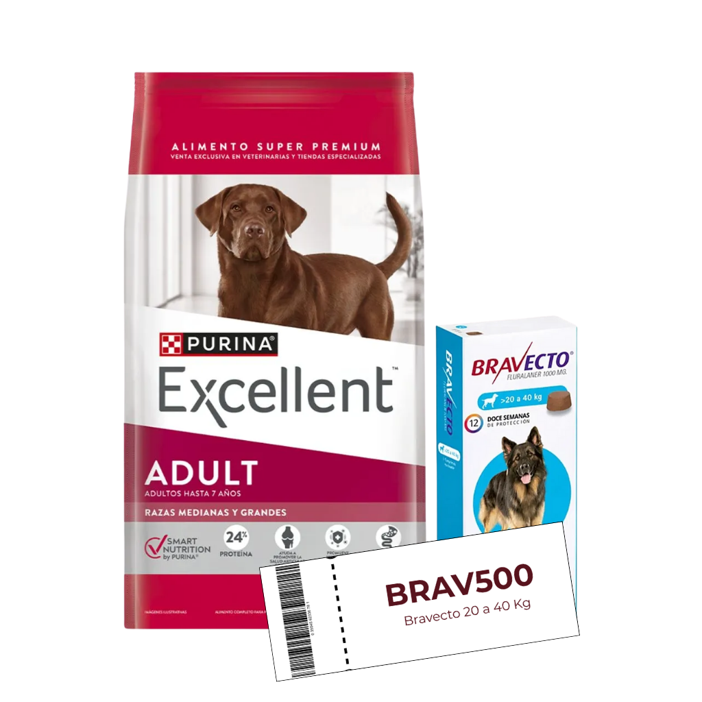 Excellent Perro Adulto Razas Medianas y Grandes 20 kg + Cupón Bravecto 20 a 40 kg de REGALO
