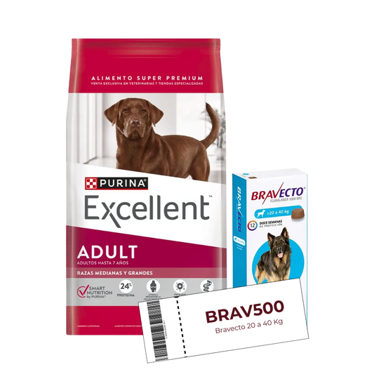 Excellent Perro Adulto Razas Medianas y Grandes 20 kg + Cupón Bravecto 20 a 40 kg de REGALO