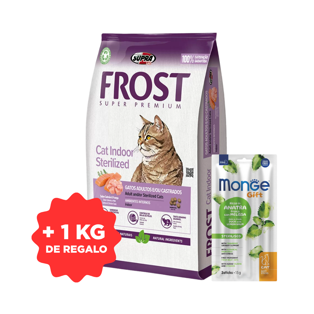 Frost Cat Indoor Sterilized 7.5kg + 1kg + Snack de regalo!