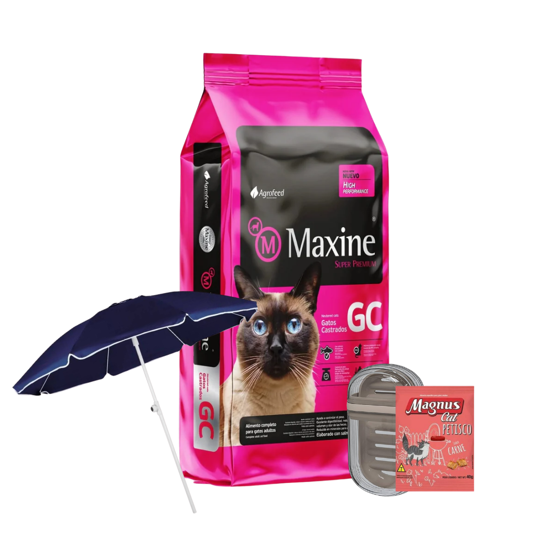 Maxine Gatos Esterilizados Bolsa Familiar 21 kg + Mastig Gato + Jabonera + Sombrilla