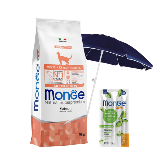 Monge Cat Adult Salmon 10 Kg + 5 Snacks Monge + Sombrilla De Regalo!