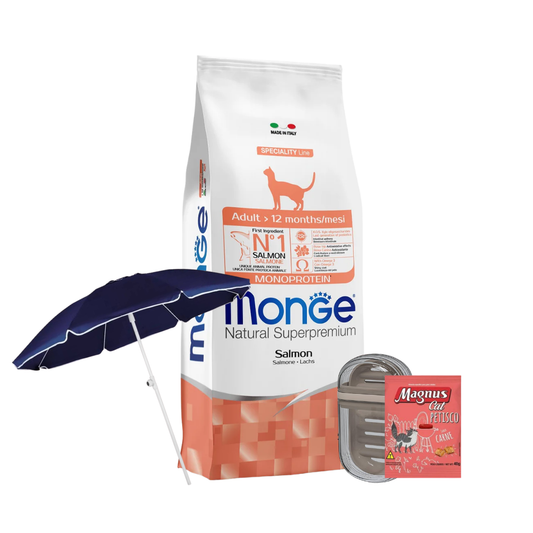 Monge Gatos Adultos Salmón 10 kg + Magnus Gato + Jabonera + Sombrilla