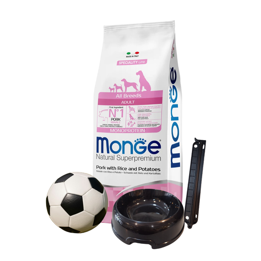 Monge Dog All Breeds Adult Pork 12 Kg + Pelota De Futbol + Plato + Clip