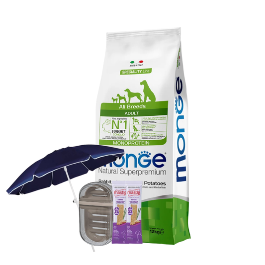 Monge Perros Adultos Todas las Razas Conejo 12 kg + 2 Mastig + Jabonera + Sombrilla