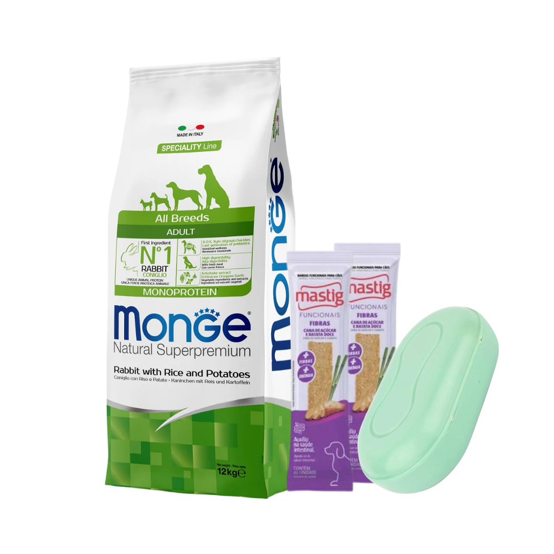 Monge Perro Adulto Todas las Razas Sabor Conejo 12 kg + 2 Barras Mastig + Jabonera