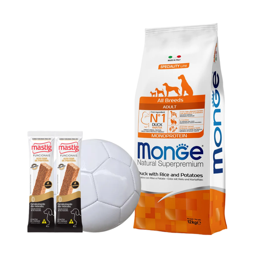Monge Dog All Breeds Adult Duck 12 Kg + 2 Barras Mastig + Pelota