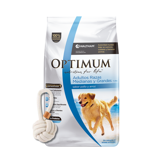 Bolsa de alimento Optimum para perro adulto de raza mediana y grande, 15 kg, incluye pelota de soga