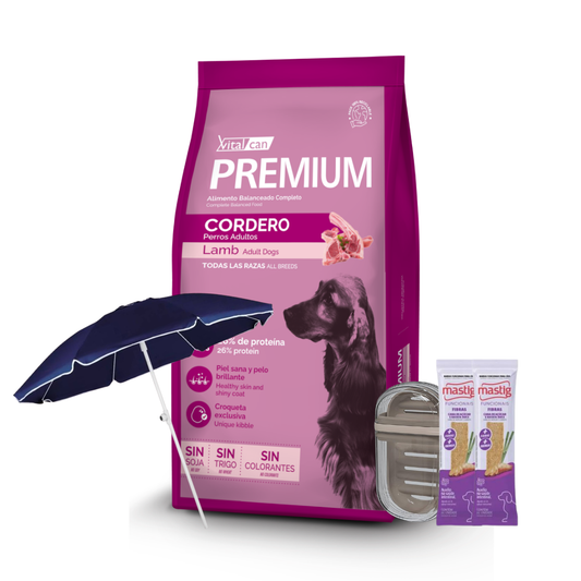 Premium Perros Adultos Cordero 20 kg + 2 Mastig + Jabonera + Sombrilla