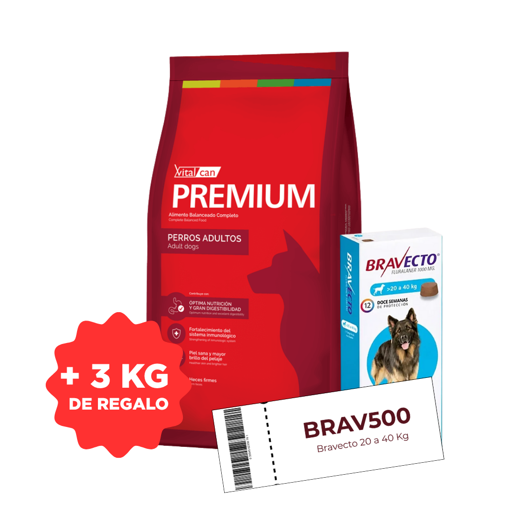 Premium Perro Adulto 20 kg + 3 kg + Cupón Bravecto 20 a 40 kg de REGALO