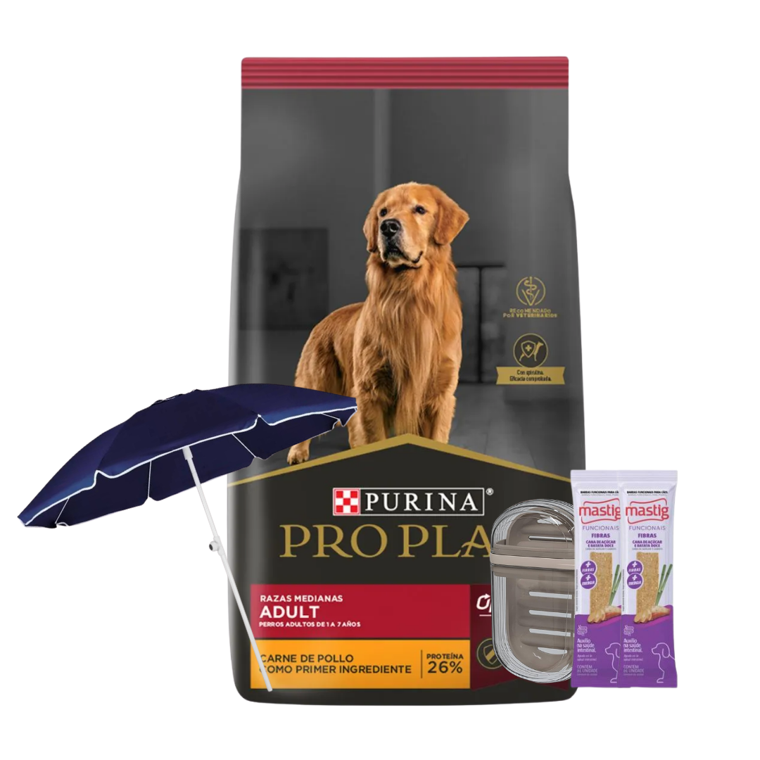 Pro Plan Perros Medianos Adultos 15 kg + 2 Mastig + Jabonera + Sombrilla