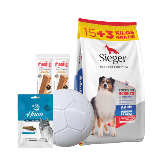 Sieger Adult Medium & Large 15 + 3 Kg + 2 Barras Mastig + Hana Calming + Pelota