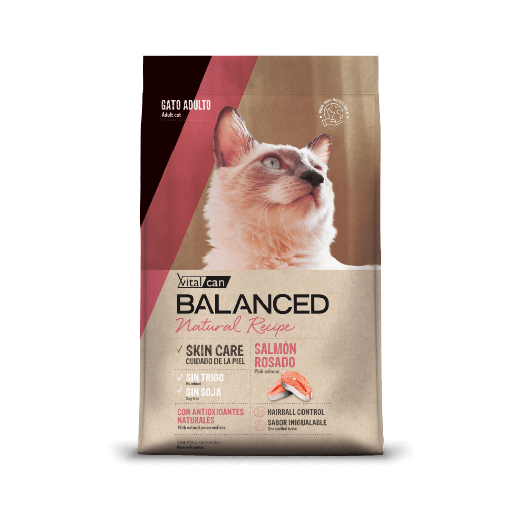 Bolsa de alimento Balanced Natural Recipe para gato sabor salmón rosado